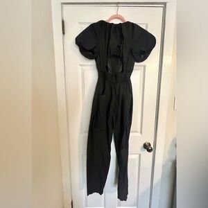 Zara Black Jumpsuit with Puff Sleeves and Fitted Waist